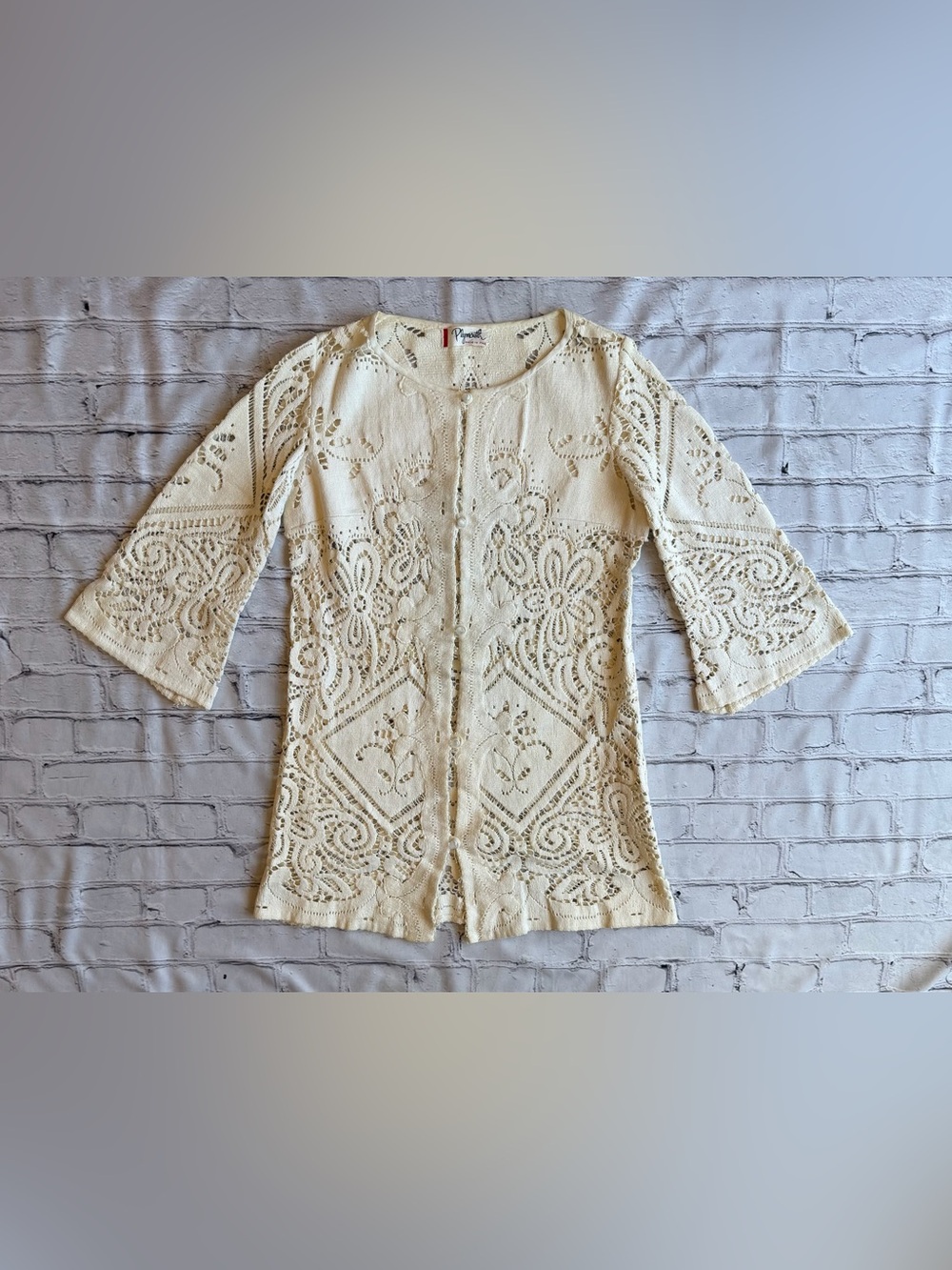 True Vintage 1970’s Plymouth Italian Crochet Lace Cardigan Cotton Cream Small